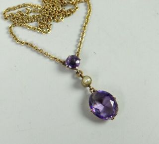 Fine Antique Edwardian 9 Carat Gold Amethyst Drop Pendant Necklace 3.  9 G