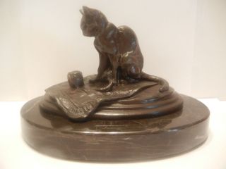 Vtg Bronze Sculpture Statue Cat W Ball Of Yarn Marble Base Art Deco Signed