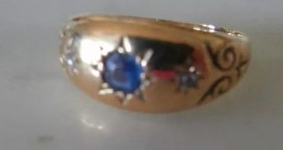 Antique Victorian Sapphire & Diamond Three Stone Gypsy Ring 18ct Yellow Gold