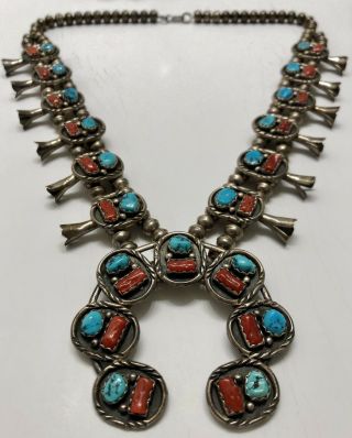 OLD Vintage Sterling Silver Turquoise Coral Squash Blossom Necklace RARE 12