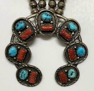 OLD Vintage Sterling Silver Turquoise Coral Squash Blossom Necklace RARE 2
