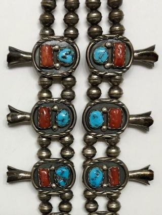 OLD Vintage Sterling Silver Turquoise Coral Squash Blossom Necklace RARE 5