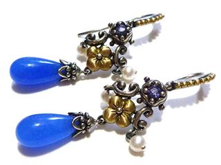 1 7/8 " Barbara Bixby Sterling Silver 18k Gold Pearl Amethyst Blue Gem Earrings