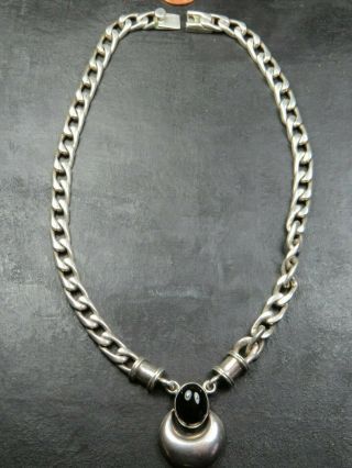Heavy Vintage Sterling Silver & Garnet Pendant Necklace 1990 Njs