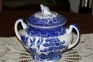 Wm.  Adams England - Willow Blue - Large Sugar Bowl & Lid - Repaired Finial