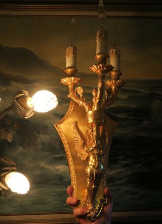 2 Sconce 3lite Vintage Deco GILT Bronze nude Mermaid lamp lady brass FBAI ITALY 12