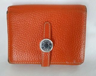 Hermes Logo Insert Lock Orange Leather Trifold Wallet Coin Organizer Vintage