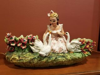 Vtg Carlo Mollica Capodimonte Girl W Swans & Flowers Planter Figurine Italy