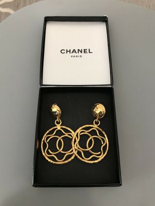 Authentic Vintage Chanel Rare Cc Logo Hoop Plated Gold Clip - On Earrings