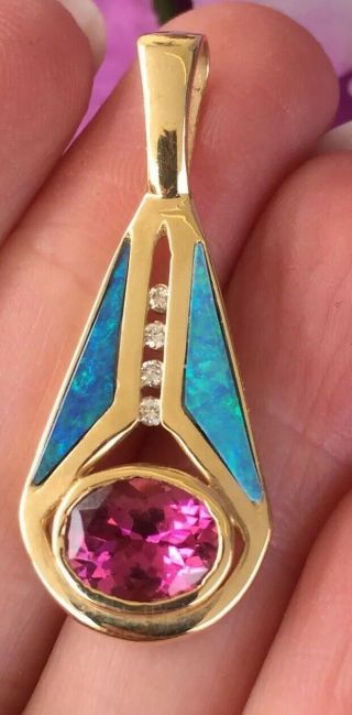 Vintage Black Opal Pink Tourmaline Diamond Pendant Drop Dangle 14k Yellow Gold
