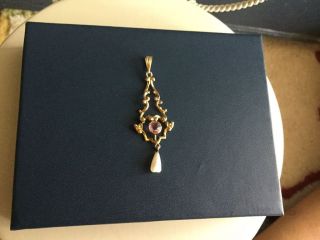 10k Victorian Lavalier Pendant With Pink Tourmaline And Pearl