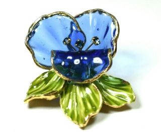 Very Rare Vtg Hattie Carnegie Blue Gripoix Poured Glass Flower & Enamel Brooch