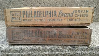 2 VINTAGE Small Kraft Wood PHILADELPHIA BRAND CREAM CHEESE BOX 10 1/4 x 7 1/2 2