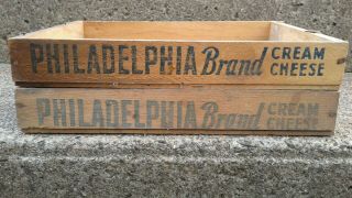 2 VINTAGE Small Kraft Wood PHILADELPHIA BRAND CREAM CHEESE BOX 10 1/4 x 7 1/2 3