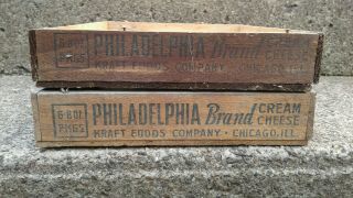 2 VINTAGE Small Kraft Wood PHILADELPHIA BRAND CREAM CHEESE BOX 10 1/4 x 7 1/2 4