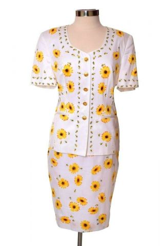 Vintage Escada Summer Floral Skirt Suit Short Sleeve Size 42 Us 12
