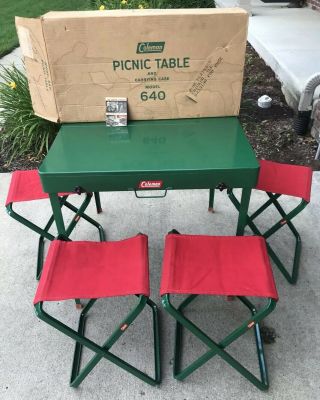 Coleman Vintage Portable Metal Camping Picnic Table & 4 Chairs Stools 640 Euc