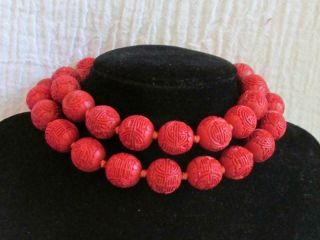 Vtg Chinese Export Carved Cinnabar Shou Beaded Necklace - 25 "