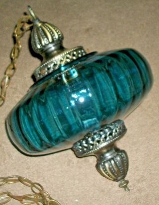 70s Vintage Blue Glass Hanging Swag Pendant Lamp & Chain Retro Mid Century Light