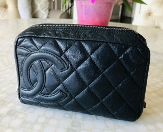 Auth Vintage Chanel Cambon Crumpled Navy Blue Calf Makeup Case Pouch Good Cond