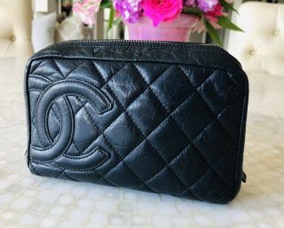 Auth Vintage CHANEL Cambon Crumpled Navy Blue Calf Makeup Case Pouch Good Cond 2