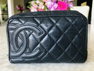 Auth Vintage CHANEL Cambon Crumpled Navy Blue Calf Makeup Case Pouch Good Cond 3