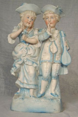 German Blue Bisque Porcelain Figurine Colonial Couple Musicians Mandolin Flute