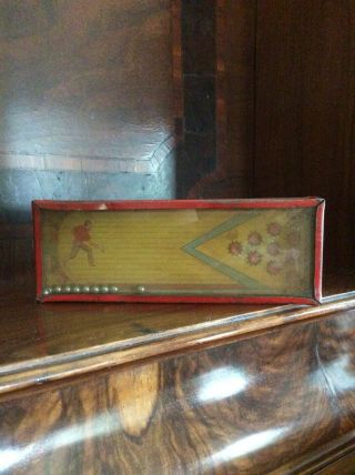 Antique Vintage Hand Held Box Tin Metal Bowling Lithograph Dexterity Puzzle Game