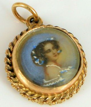 Antique 14k Yellow Gold Hand Painted Portrait Of Victorian Woman Pendant Charm