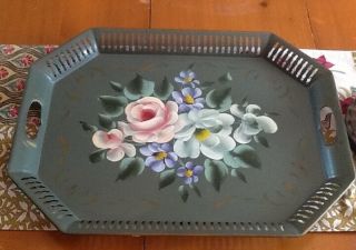 Large Vintage Toleware Tray 20 X 16 Green Hand Painted Floral Bouquet Gorgeous