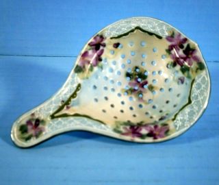 Porcelain Tea Strainer Hand Painted Violets Footed Antique Vintage