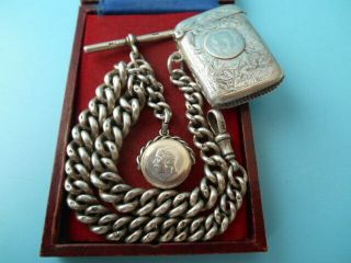 Antique Solid Silver Double Albert Chain Vesta Case & Fob Not Scrap 87.  2g