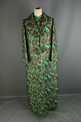Vtg 1960s Psychedelic Mod Green Evening Brocade Dress And Coat Set Sz 18 2521