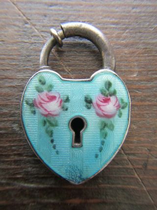 Rare Large Vintage Sterling Silver Enamel Puffy Heart Padlock Clasp