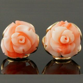 Solid 14k Yellow Gold & Carved Coral Rose,  Flower Motif,  Estate Earrings