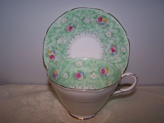 Paragon Evangeline English Fine China Cup & Saucer Green With Flowers