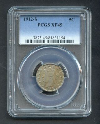 1912 - S Liberty Head V Nickel 5c Pcgs Xf45 Key Date Rare