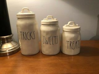 Rae Dunn Tricks Sweets And Treats M Stamped 1st Edition Canisters Rare Htf