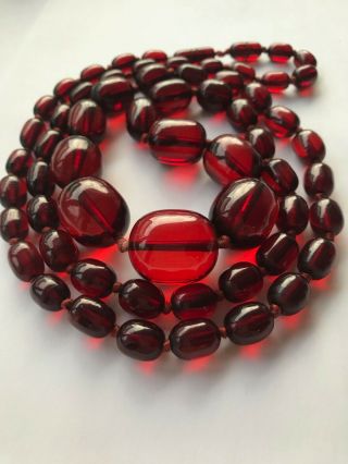 Antique Art Deco Graduated Cherry Amber Bakelite Bead Necklace 110g