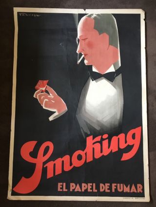 Vintage Llthographic Art Deco Spanish Cigarette Paper Poster " Smoking "