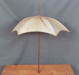 Vintage Victorian Linen Umbrella Small Parasol Rain Sun Wooden Handle Antique