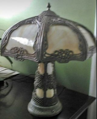 Antique Art Nouveau Slag Glass Panel Table Lamp