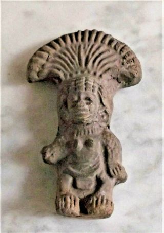 Maya (maybe) Pre Columbian Clay Figure Elaborate Headdress Restored 3 1/2 " X 3 "