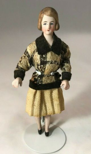 Antique German Bisque Lady With Cream Skirt & Black/cream Tunic