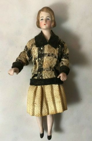 Antique German Bisque Lady with Cream Skirt & Black/Cream Tunic 2