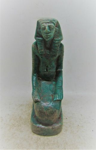 Vintage Egyptian Glazed Faience Statuette Kneeling Pharaoh