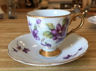 Vintage Teacup And Saucer With Purple Flowers With Gold Trim