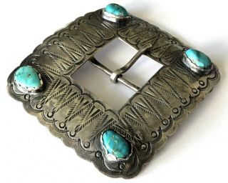 Vintage Native American Sterling Ornate Navajo 4 Turquoise Stamping Belt Buckle