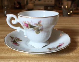 Vintage Teacup And Saucer White And Pink Flowers Handpainted