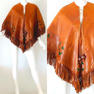 70s Vintage Saks Fifth Avenue France Leather Fringe Beaded Mod Hippie Cape Med